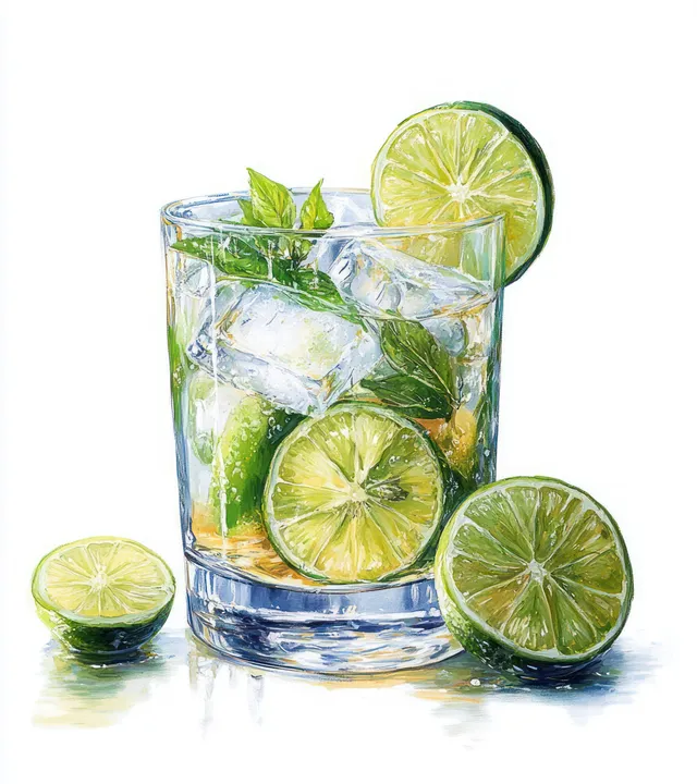 Cold lime drink in clear glass with ice cubes and mint, reflective surface