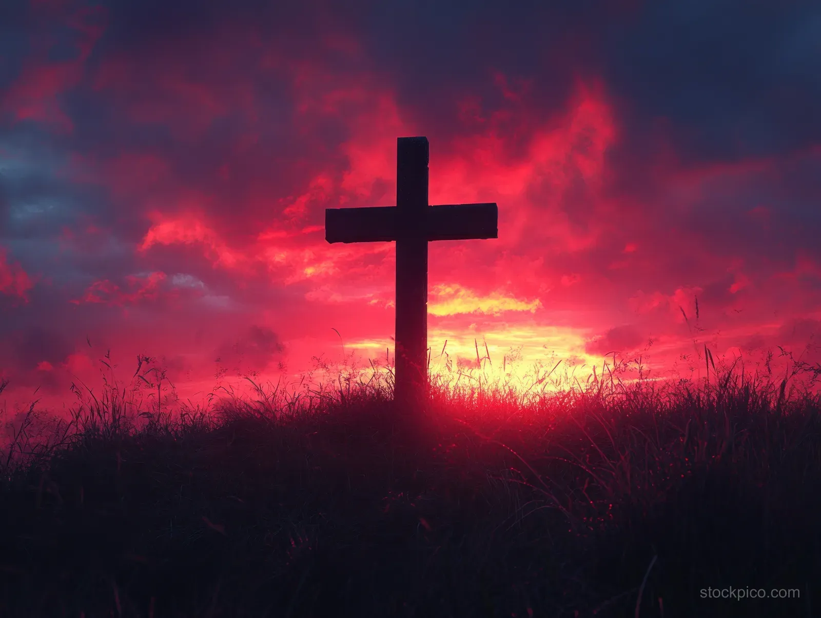 A wooden cross silhouette on a grassy hilltop against glowing red and blue sunset clouds.