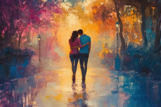 Two friends hugging in a sunlit park, colorful painterly light and greenery