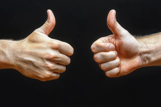 Two thumbs gestures facing each other in dramatic lighting against a dark background