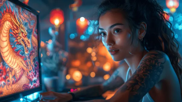 Young tattooed designer paints a glowing dragon illustration on a laptop in office desk