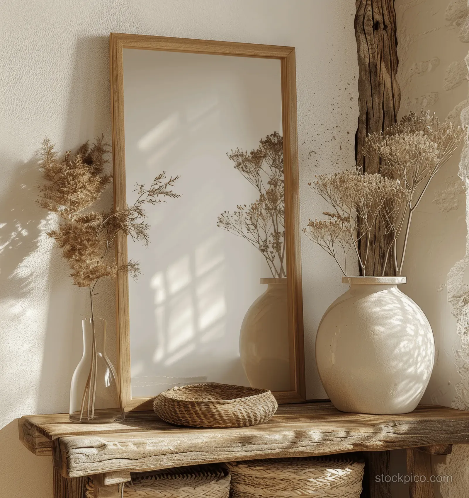 Rustic wooden picture frame on a wooden shelf with dried plants and a white vase against a tan wall.