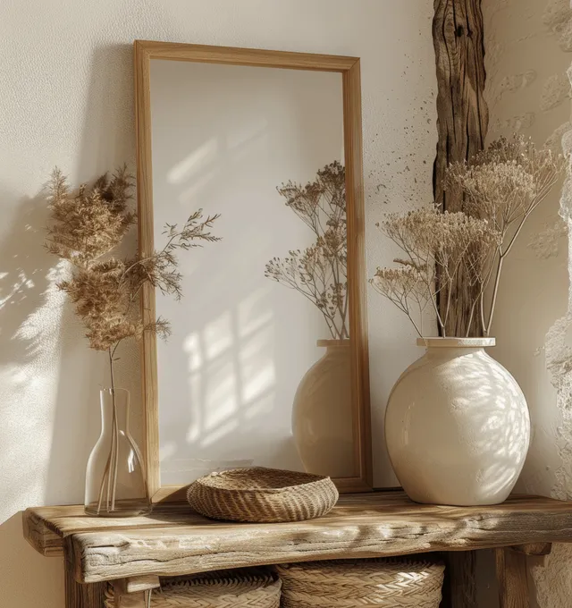 Rustic wooden picture frame on a wooden shelf with dried plants and a white vase against a tan wall.
