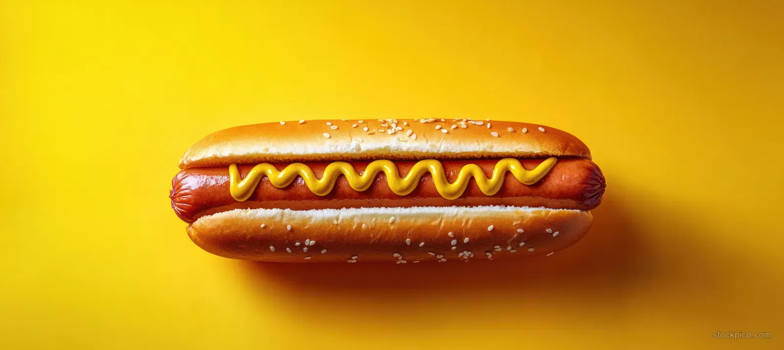 A hot dog with mustard sits centered on a bright yellow background.