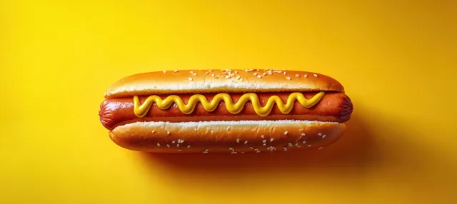 A hot dog with mustard sits centered on a bright yellow background.