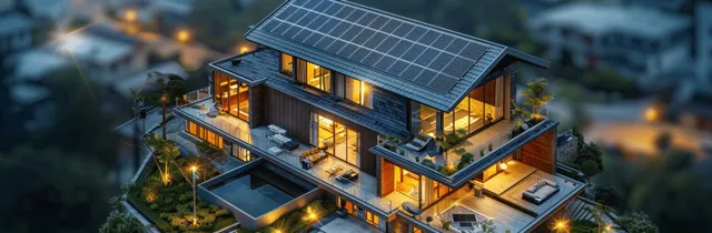 Smart home exterior with rooftop solar panels, illuminated rooms, and battery backup system diagram elements.