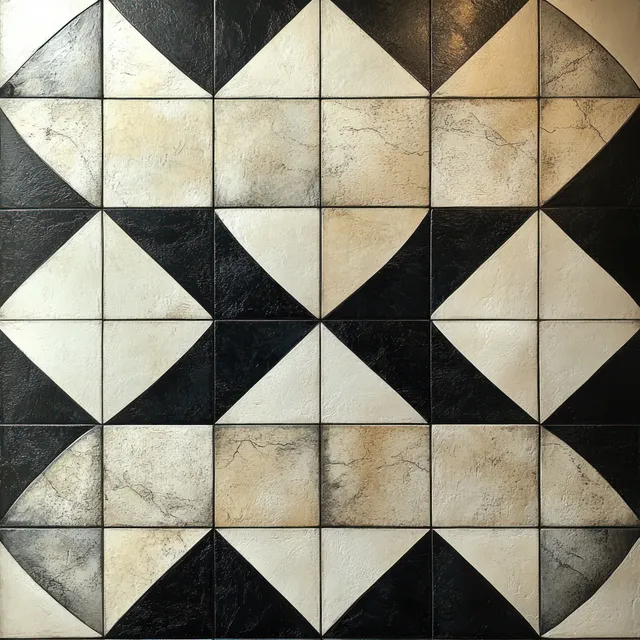Monochrome geometric tile pattern with arched arabesque motifs and vintage marble texture