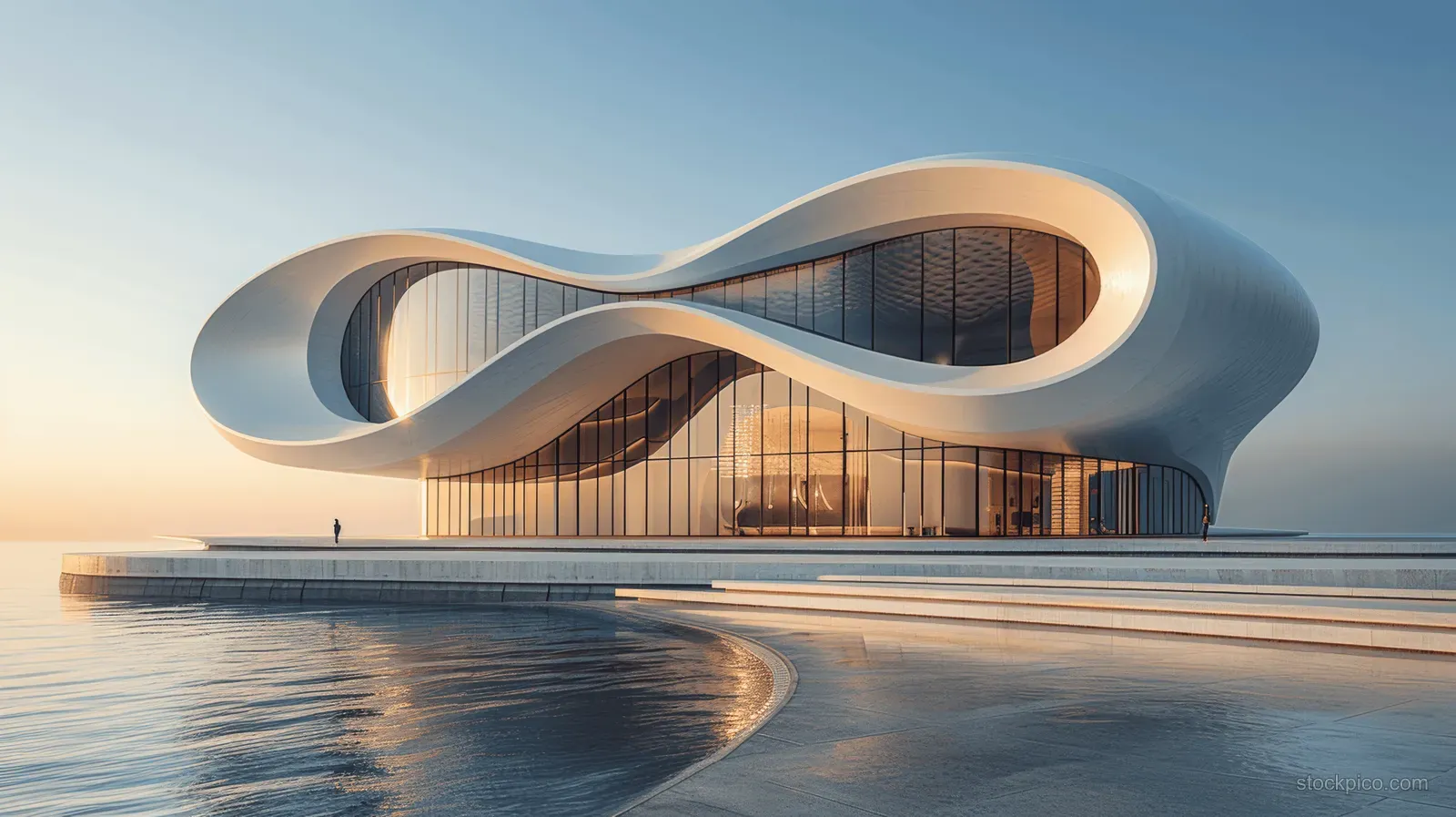 Futuristic harbour concert hall exterior with silver curved metal shell and glass windows reflected in calm water.