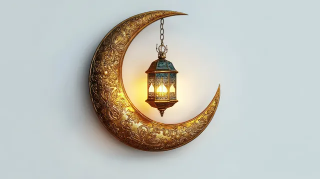 Golden crescent moon wall decor with floral engravings holding a glowing hanging vintage lantern.