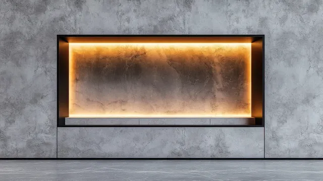 A gray concrete wall shows a rectangular recessed niche illuminated with warm yellow light.