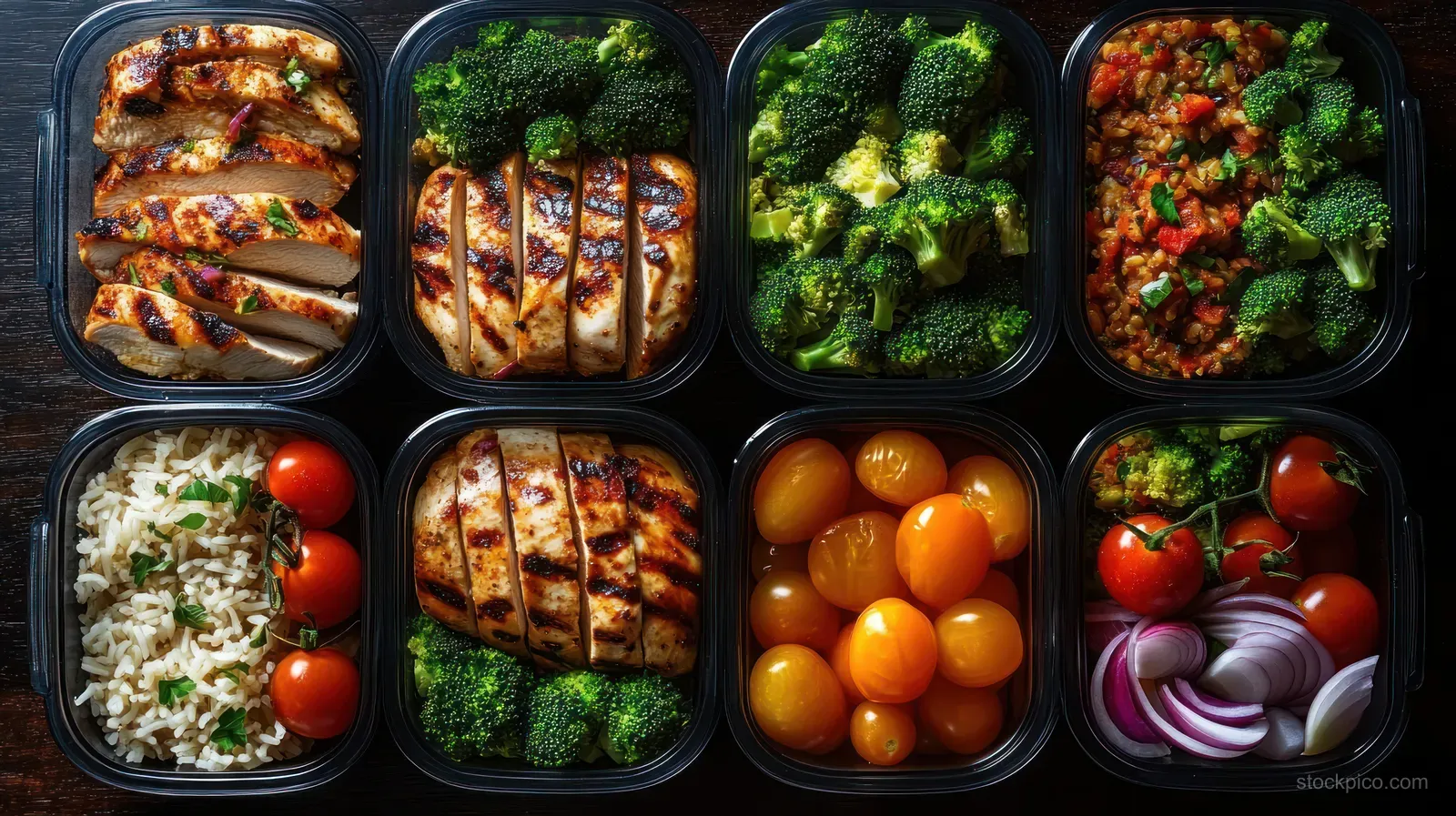 Eight meal prep containers show grilled chicken, broccoli, tomatoes, rice, and onions arranged neatly on a dark surface.