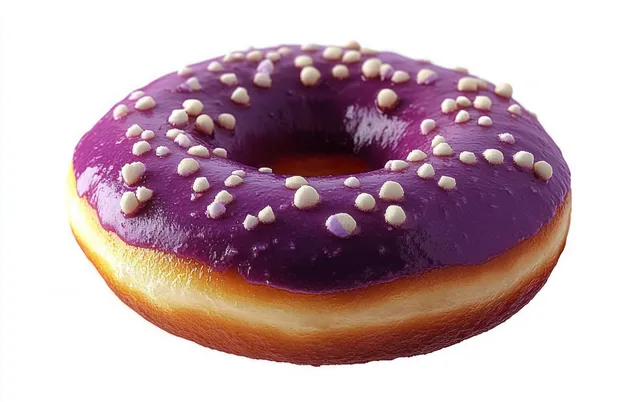 Close-up glazed donut with glossy purple icing and white sprinkle dots on white
