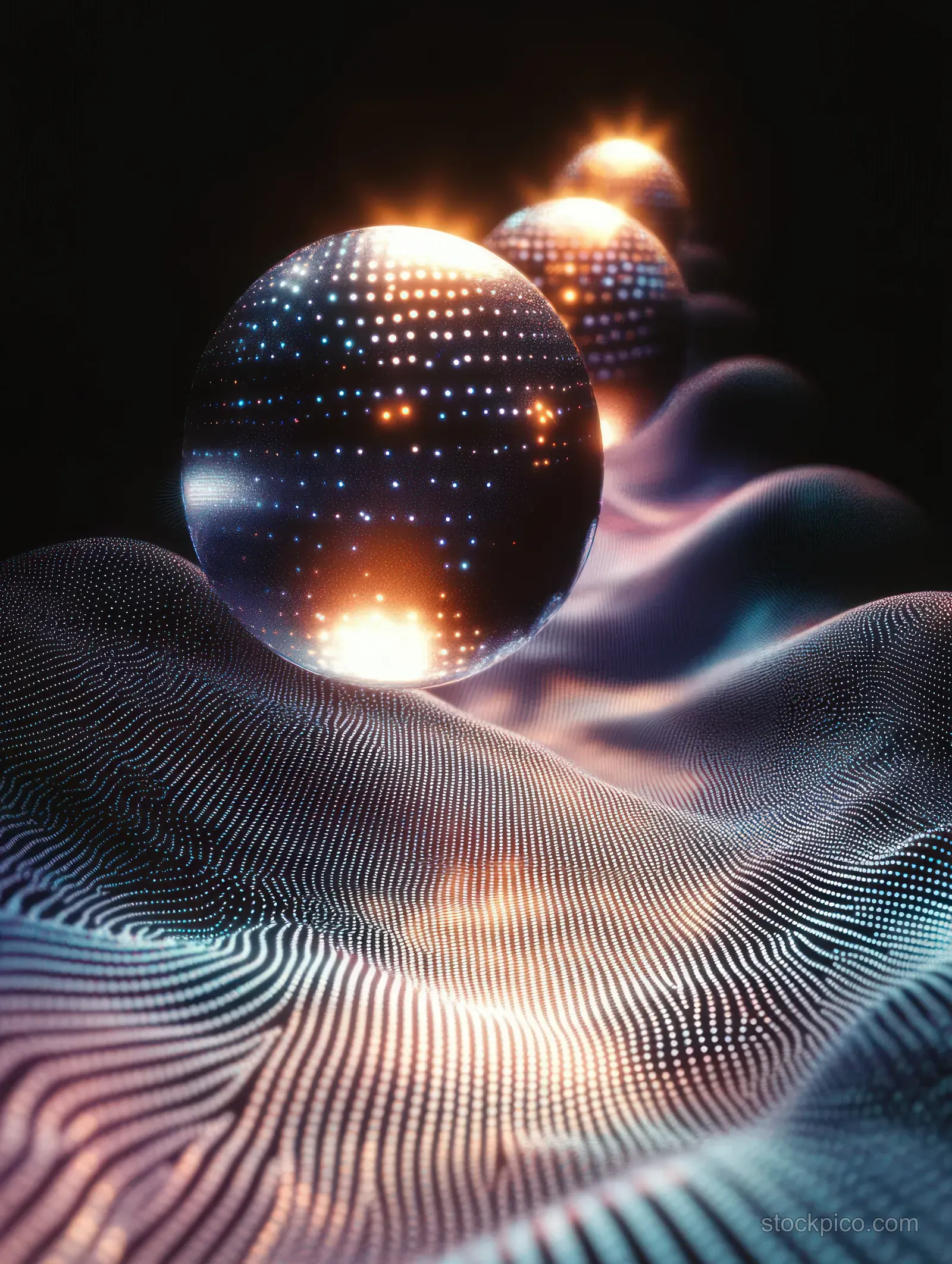 Glowing transparent spheres with dotted patterns hover above a dark wavy digital surface with light reflections.