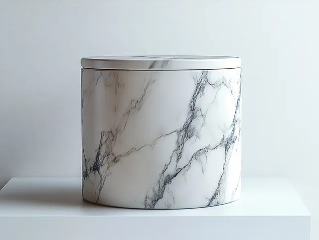 White marble cylindrical container with gray veining and a closed lid on a white tabletop.