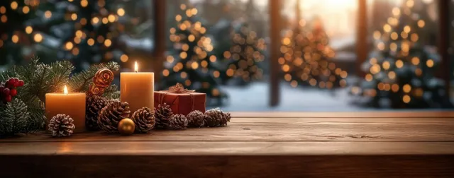 Two lit candles on wooden table with pine cones, fir branches, gift, and golden ornament