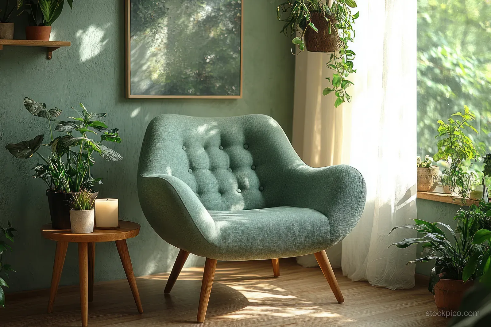 Green tufted armchair near a sunny window with potted plants and a small wooden side table in a minimal living room.