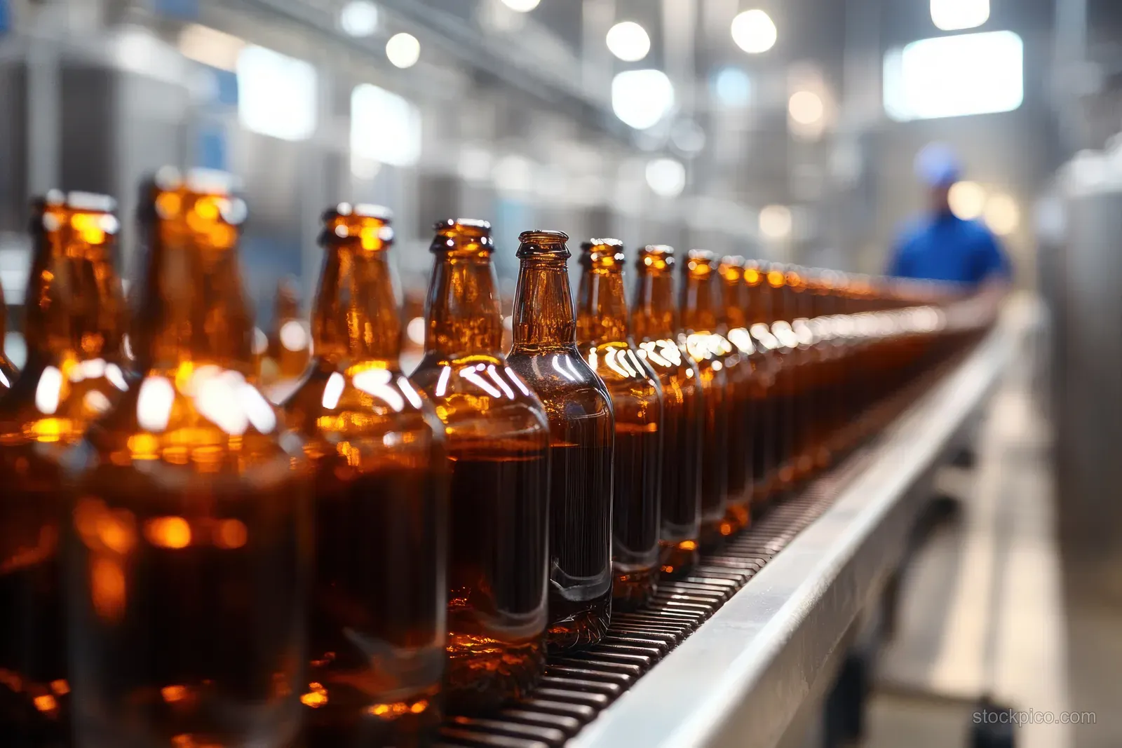 A row of empty amber glass bottles rides a conveyor belt in a bright bottling plant with a blurred worker behind.