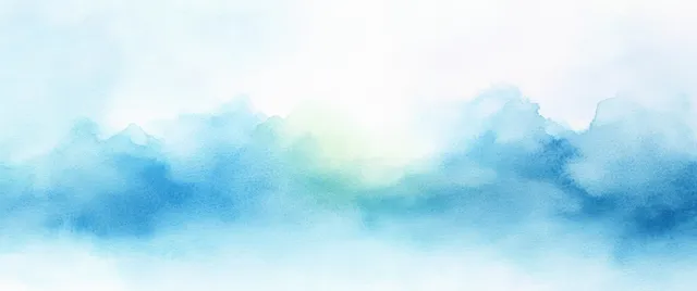 Watercolor misty mountain silhouettes in blue-green haze beneath a bright serene sky