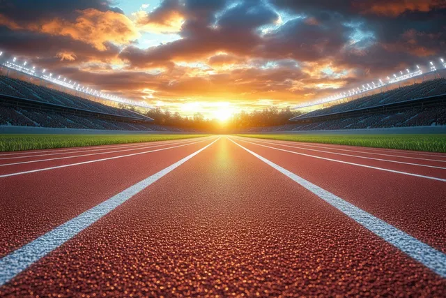 Runner sprints along illuminated stadium track at sunset with glowing sun flare and visible lane lines.