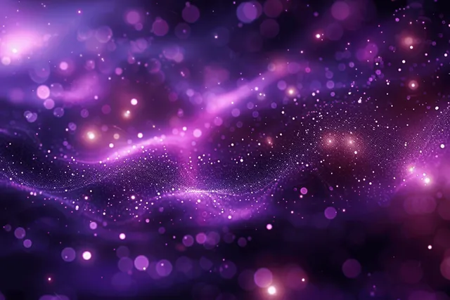 Purple bokeh orbs and glittering stardust particles swirl over a dark starry space background.