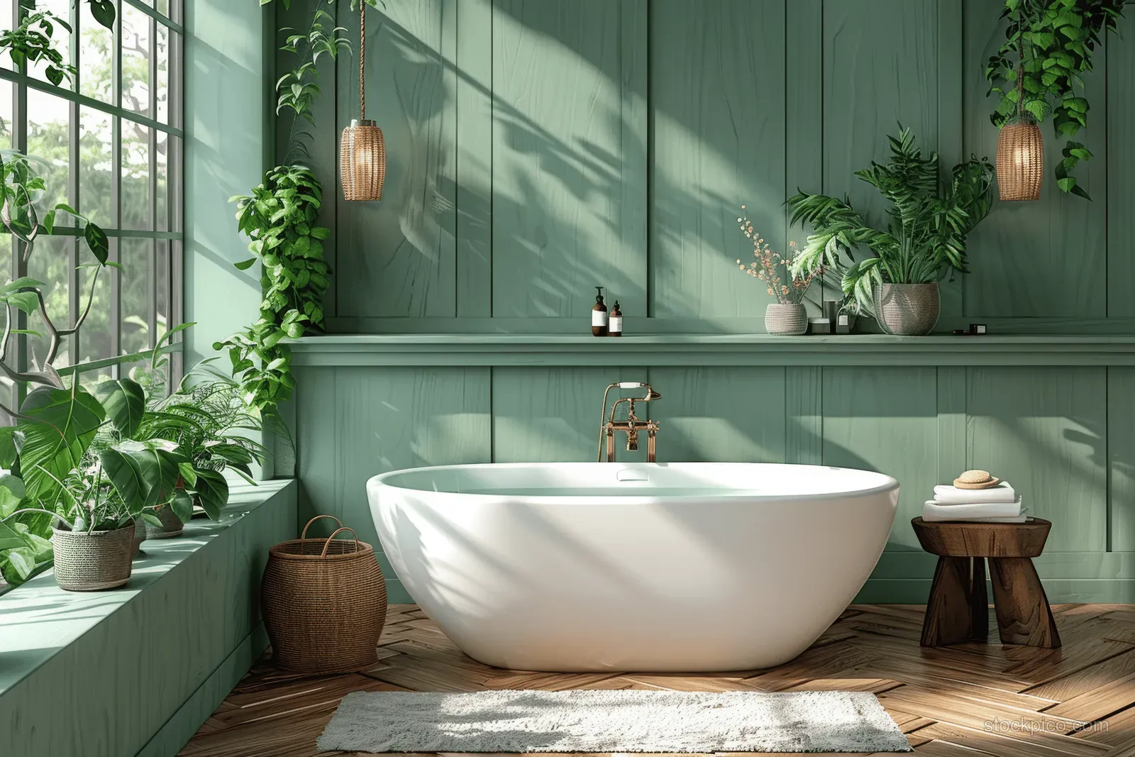 A freestanding white bathtub centered in a serene bathroom with green wood panel walls and potted plants.