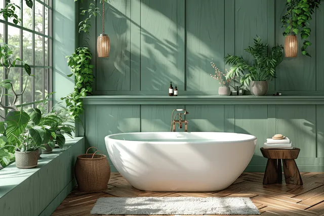 A freestanding white bathtub centered in a serene bathroom with green wood panel walls and potted plants.