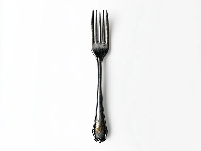 Single tarnished vintage fork isolated on white background with aged handle detail