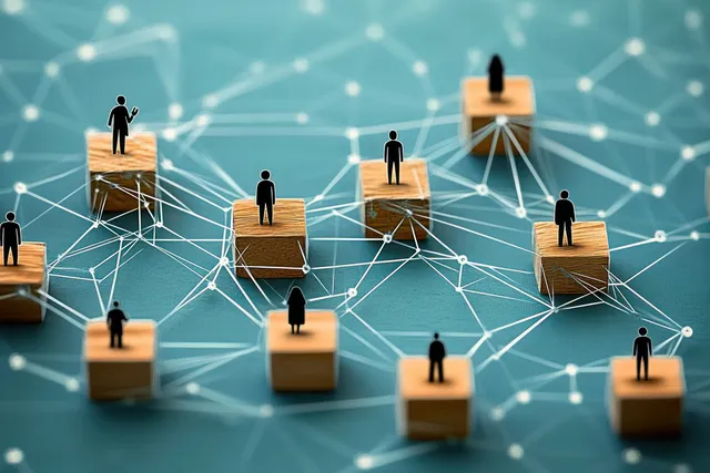 Wooden blocks with human icons connected by white network lines on blue background