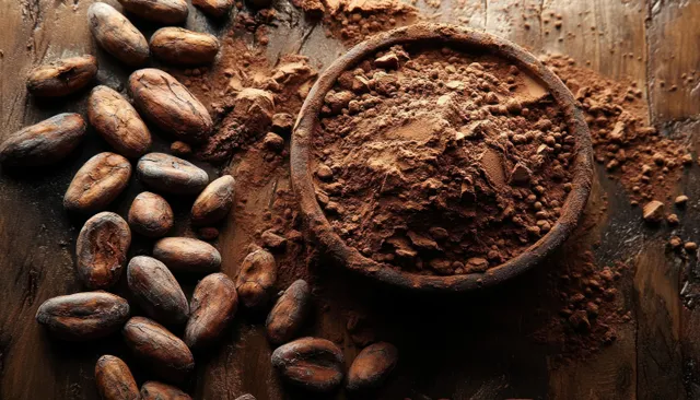 Natural cocoa beans lie beside a rustic bowl filled with cocoa powder on a weathered wooden surface.