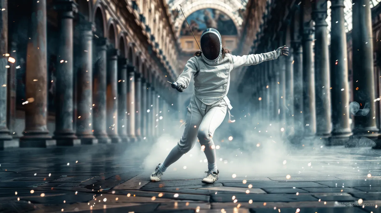 An Italian female fencer lunges in an arched arena as sparks fly from her sabre.