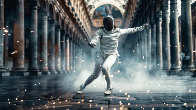 An Italian female fencer lunges in an arched arena as sparks fly from her sabre.