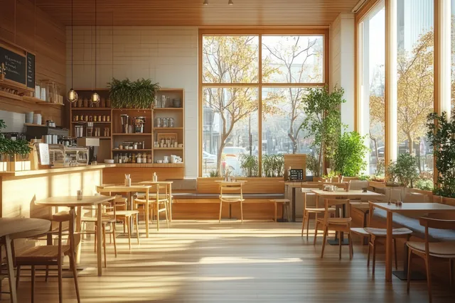 Empty cafe interior with wooden tables, green plants, and autumn trees shining through large windows.