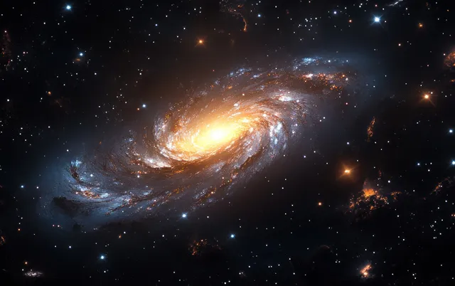 A spiral galaxy with a bright glowing core swirls through deep space with scattered stars and faint luminous dust.