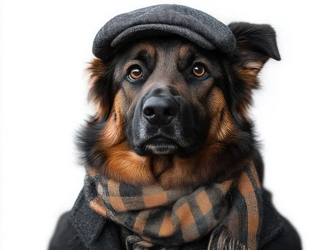Large dog wearing a flat cap and plaid scarf looks forward on a plain white studio background.