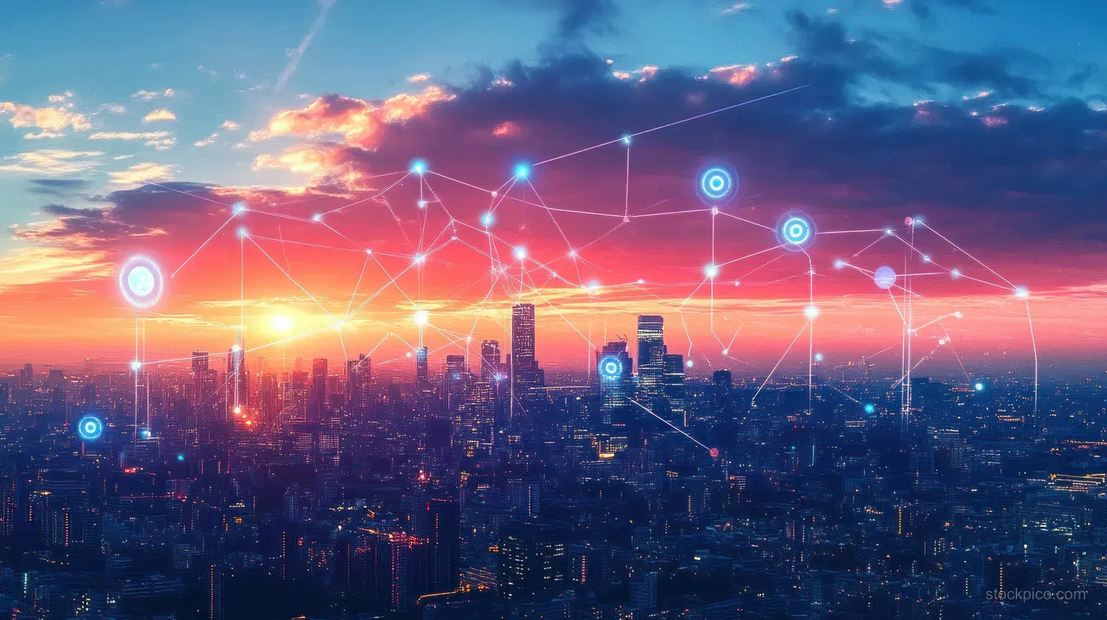 Futuristic skyline at sunset with glowing network links and floating location markers across the cityscape.