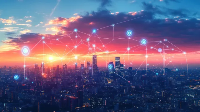 Futuristic city skyline with glowing network links and location markers at sunset