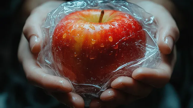 Two hands hold a red apple wrapped in plastic with water droplets on the fruit and skin.