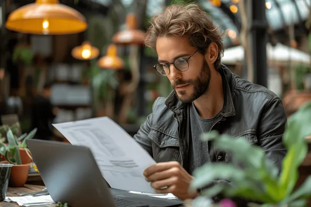 A focused young man in professional attire reviews documents while working on a laptop in a modern office.