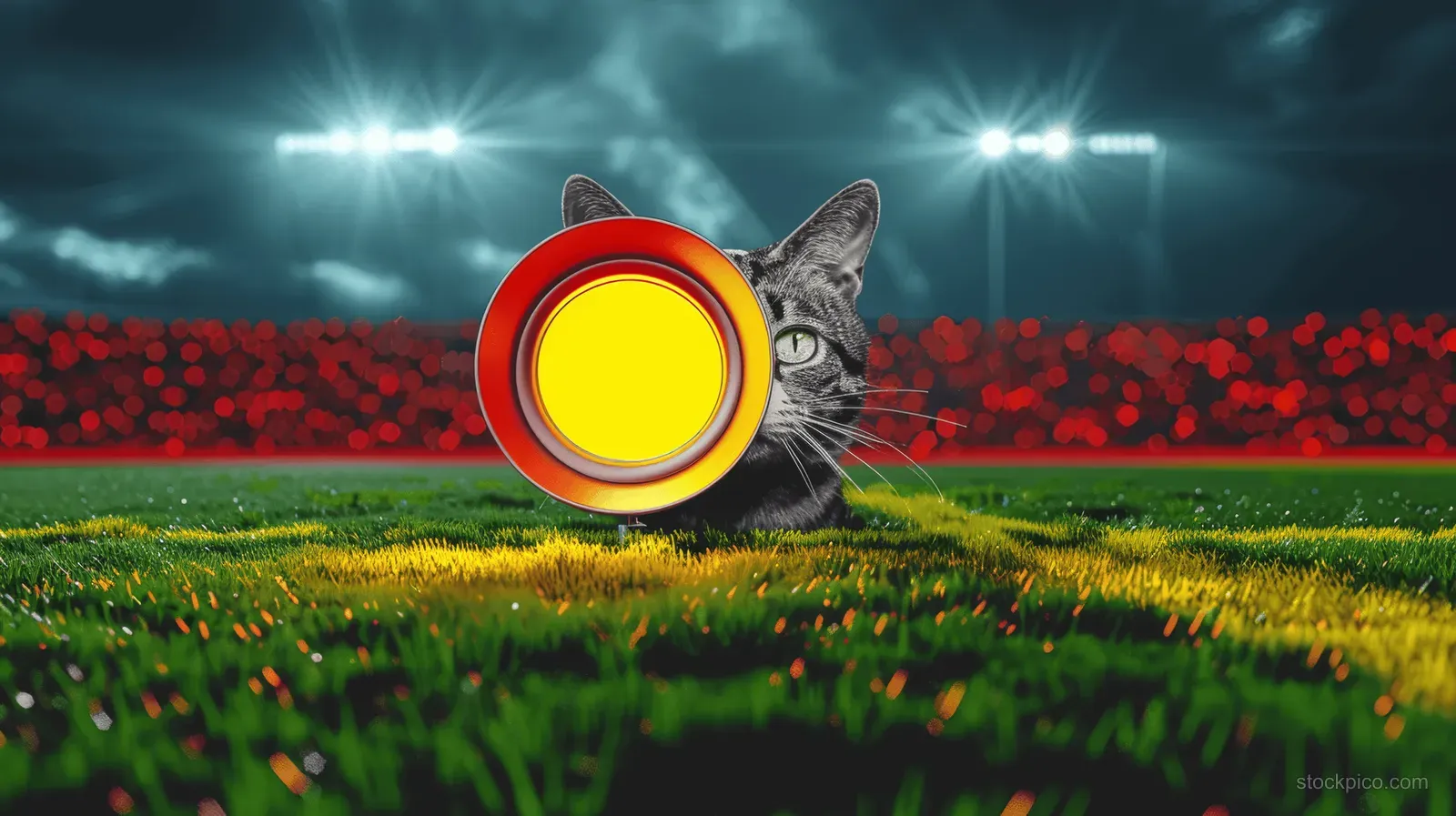 A night football stadium lit by spotlights with neon fog over an empty green soccer field.