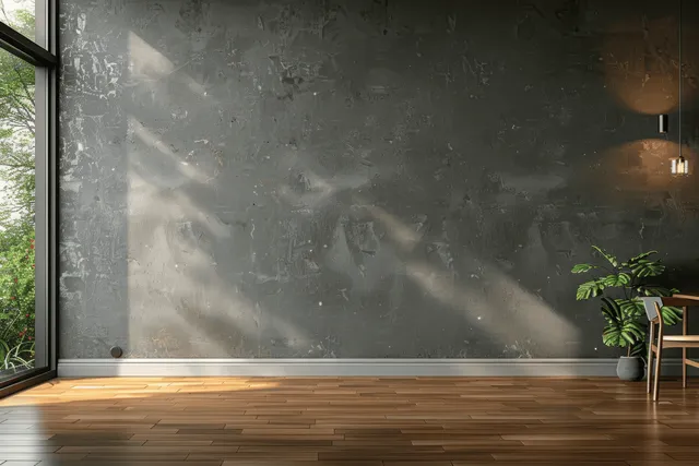 Minimal room corner with rough concrete wall, large window light, wooden floor, potted plant, and hanging lamp.