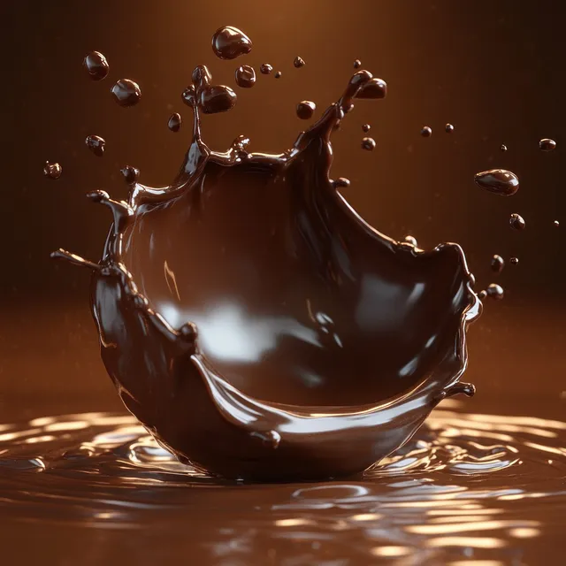 A glossy chocolate splash frozen in midair with droplets arcing against a warm brown background.