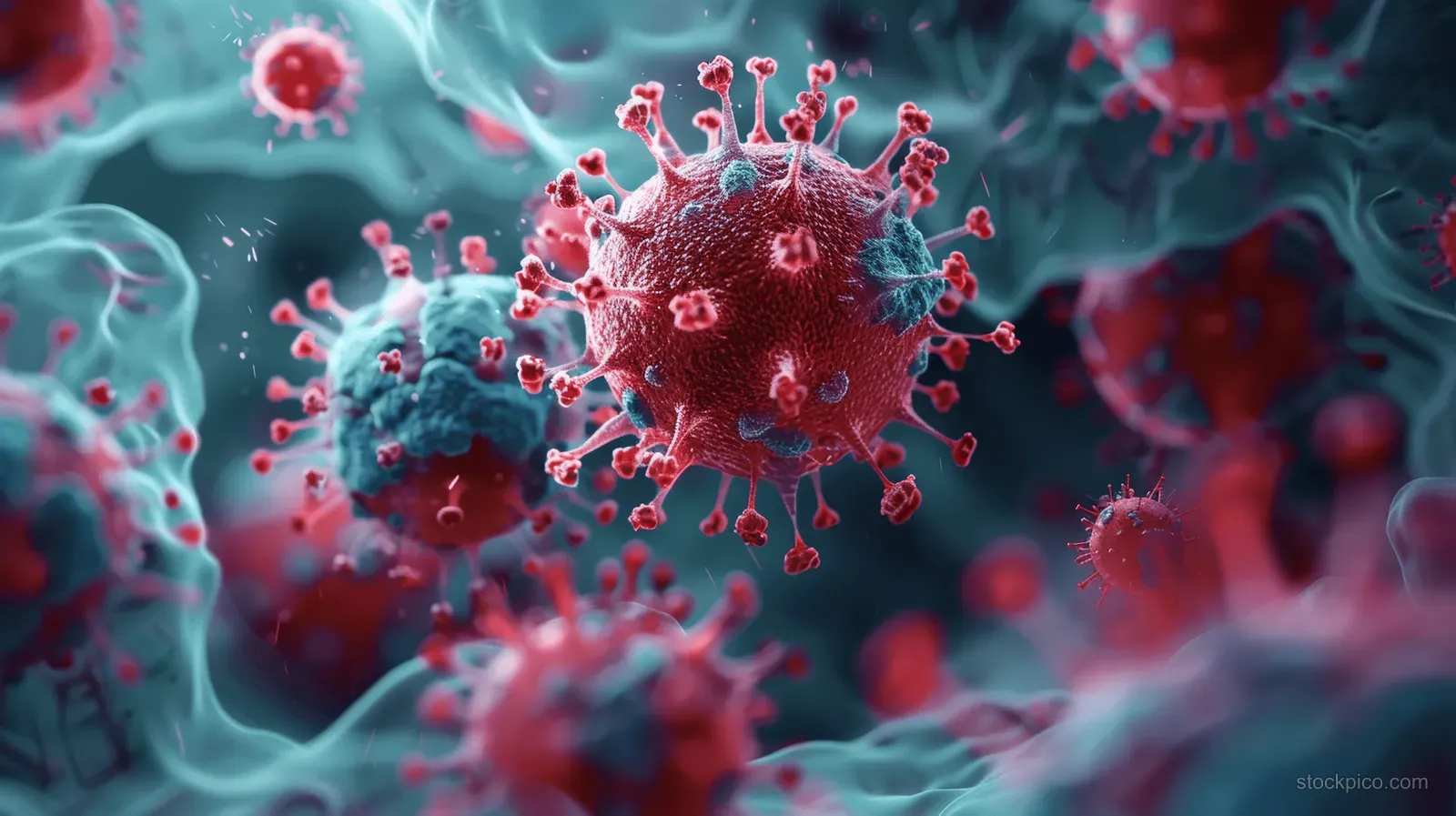 Red virus particles cluster around blue stained tissue cells in a microscope-style tissue sample view.