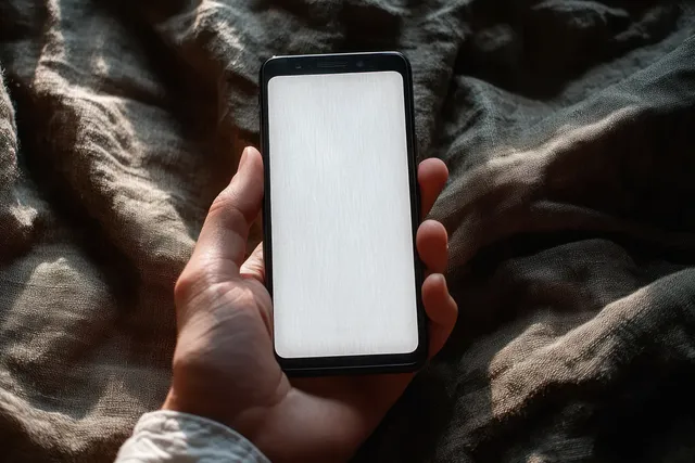 Hand holding a smartphone with a blank white screen above textured dark fabric