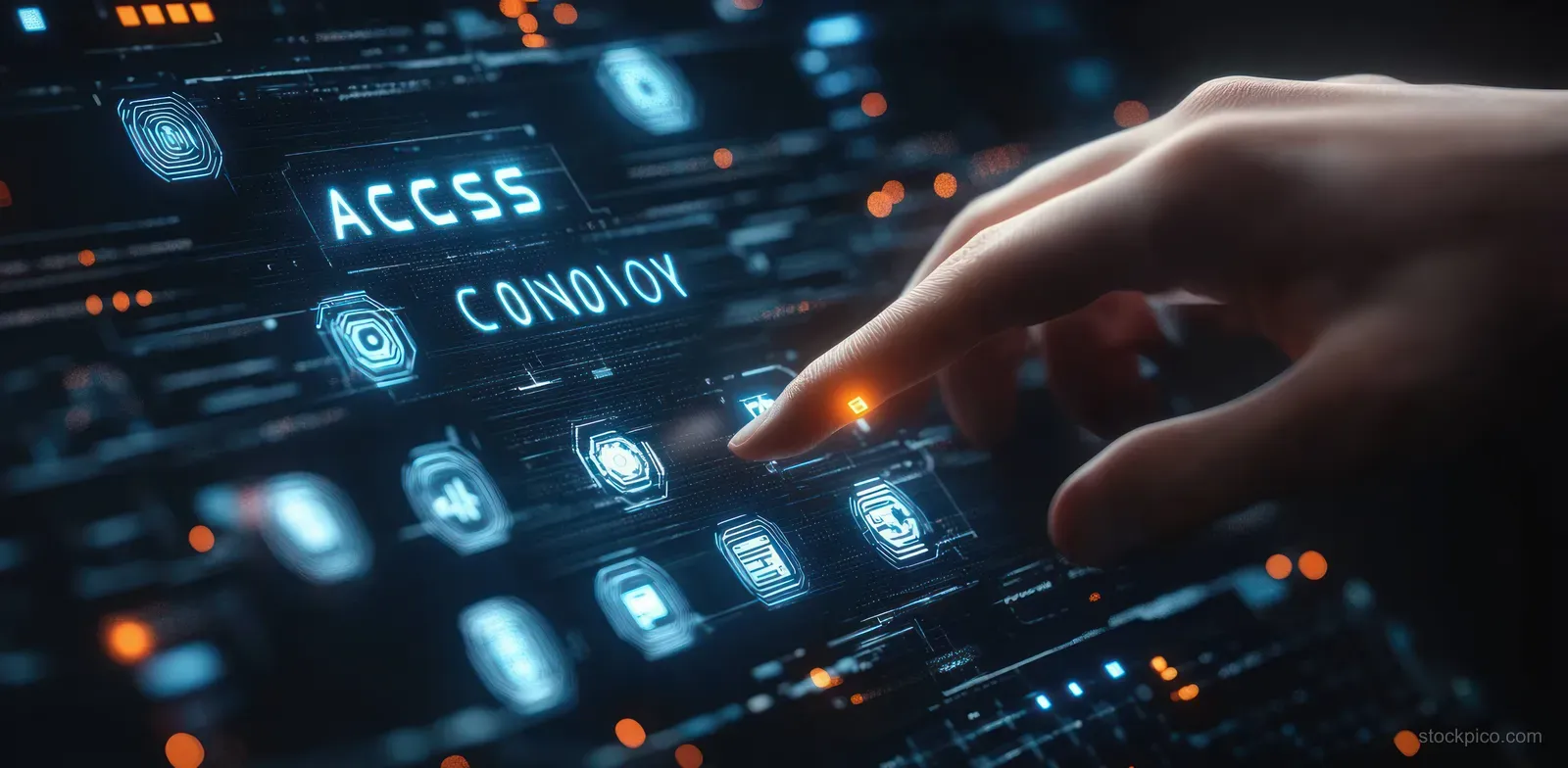 A hand taps a holographic access-control interface with lock and authentication icons on a dark security display.