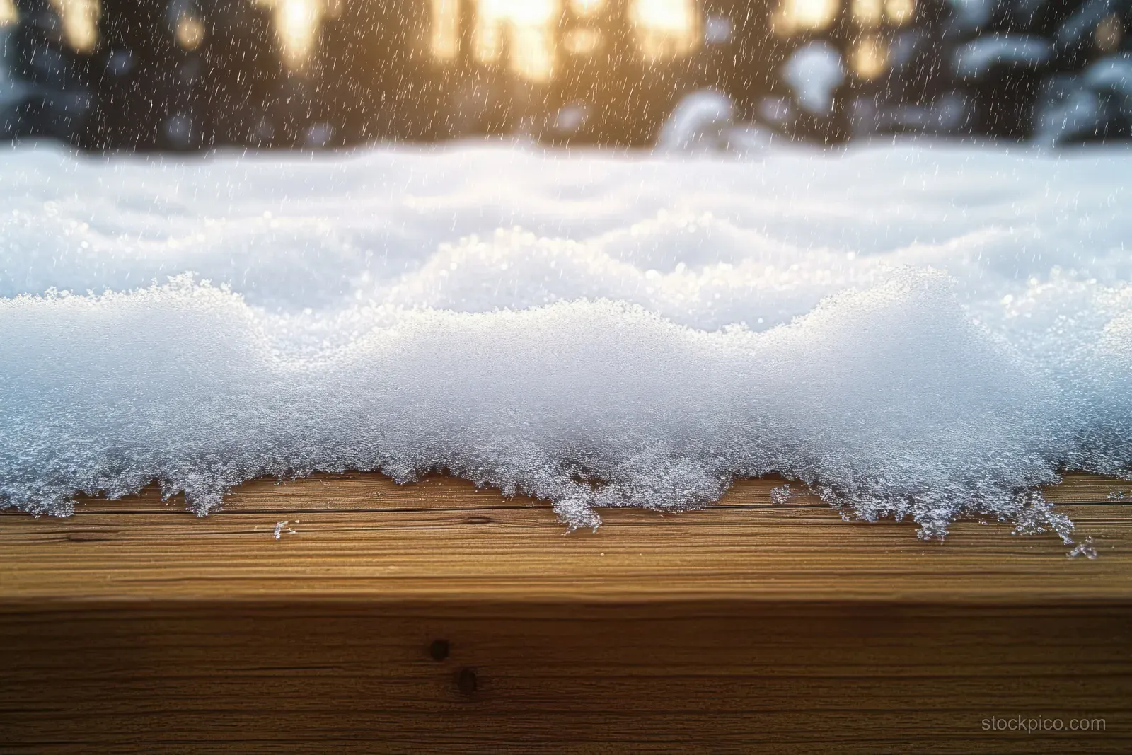 Frost and fresh snow coat a close-up wooden plank with softly glowing sunlight in the blurred background.