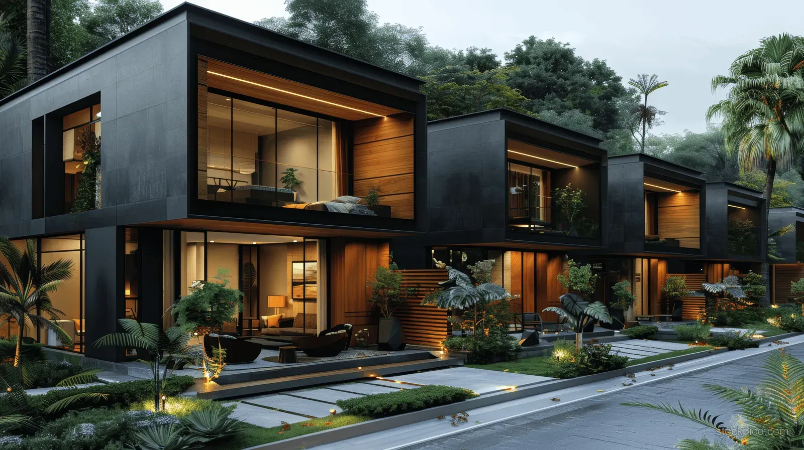 Evening view of black modern townhouses with wooden facade panels, glowing windows, and a landscaped courtyard walkway.