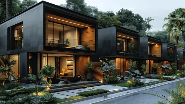 Evening view of black modern townhouses with wooden facade panels, glowing windows, and a landscaped courtyard walkway.