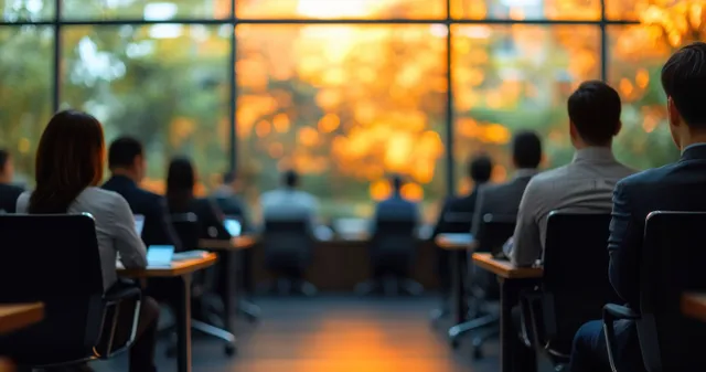 People seated in conference chairs facing a softly lit stage with warm sunset light through windows.