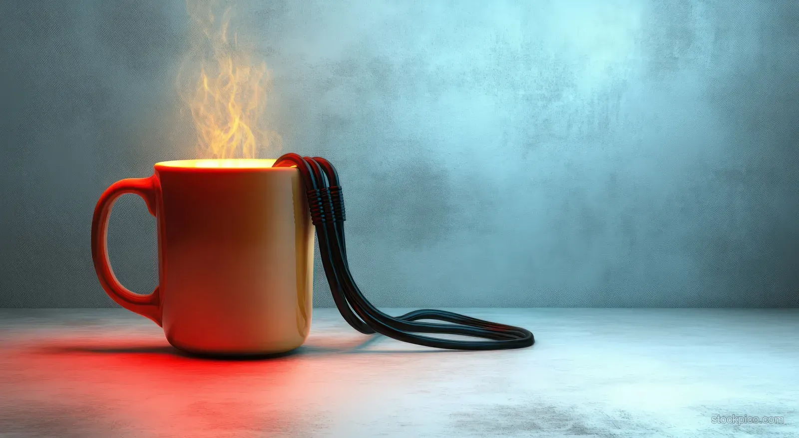 Red coffee mug on a table connected to jumper cables with a visible spark at the cable connection.