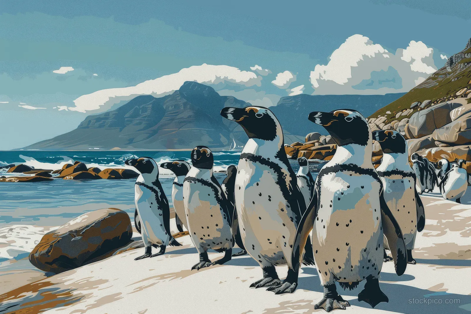 Penguins walking on rocks beside the ocean with mountains in the background.